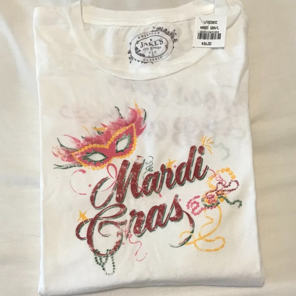 NWT - M Fredric - Jake's - White Mardi Gras Cap Sleeve Large T-shirt
